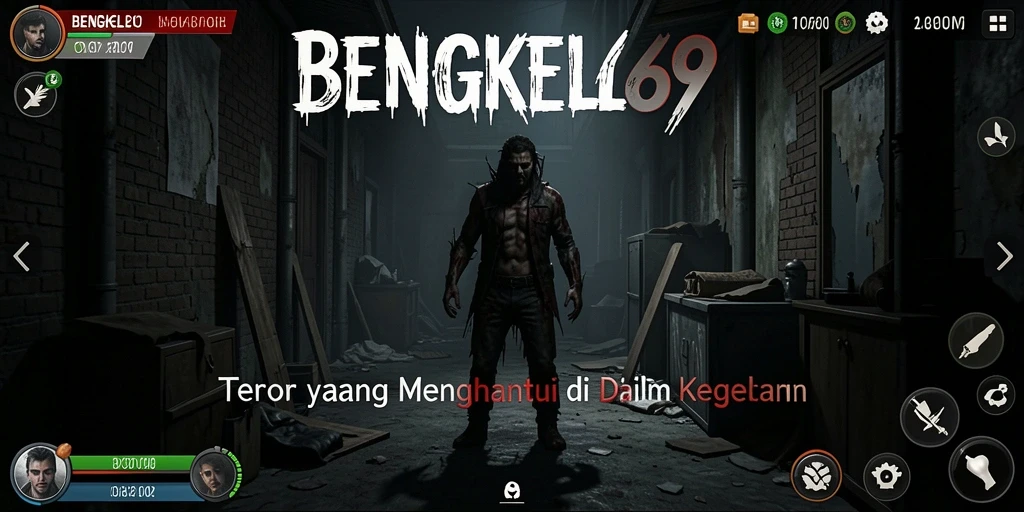 Screenshot menunjukkan momen menegangkan di dalam permainan BENGKEL69 dengan suasana gelap.