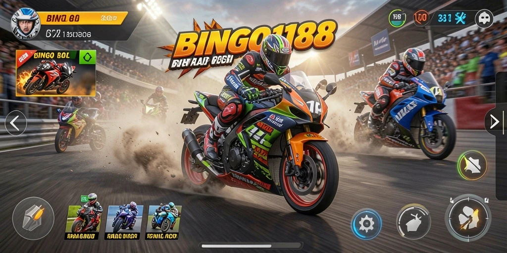 Tampilan gameplay seru di BINGO188 saat balapan motor.