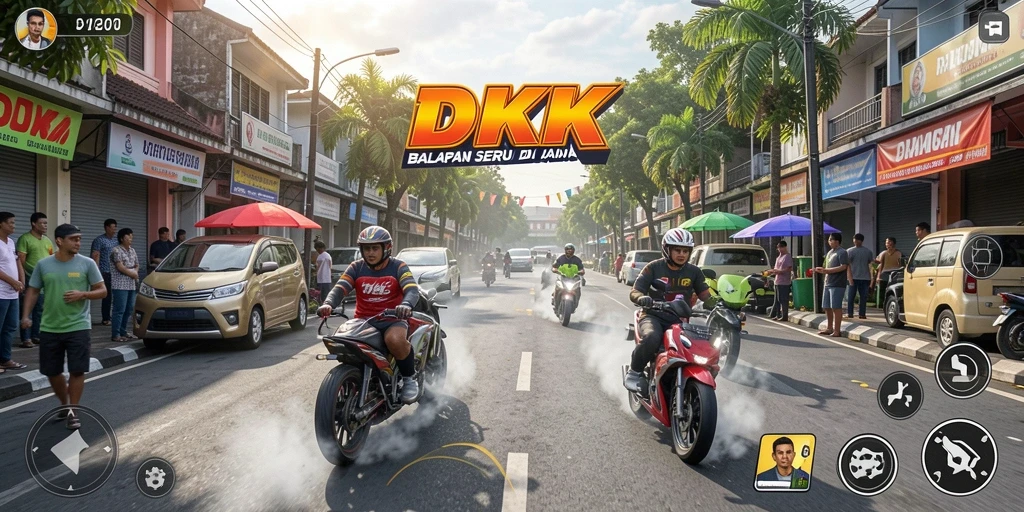 Tampilan gameplay DKK dengan mobil balap melaju kencang di lintasan.