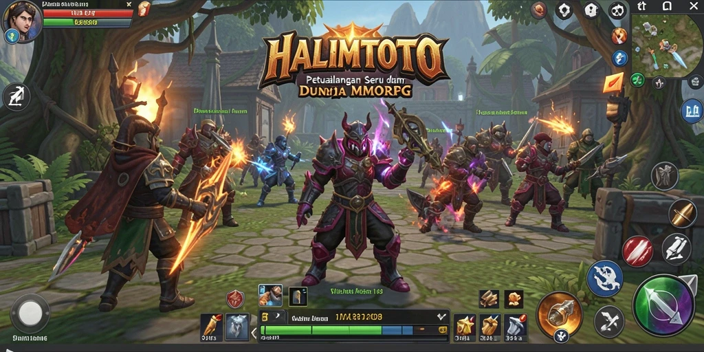 Tangkapan layar utama dari gameplay HALIMTOTO menunjukkan pertarungan epik di dunia fantasi.