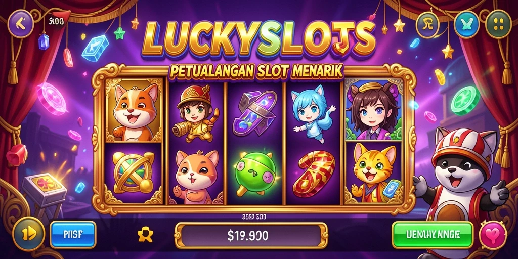 Screenshot gameplay LUCKYSLOTS menampilkan karakter anime yang dinamis.