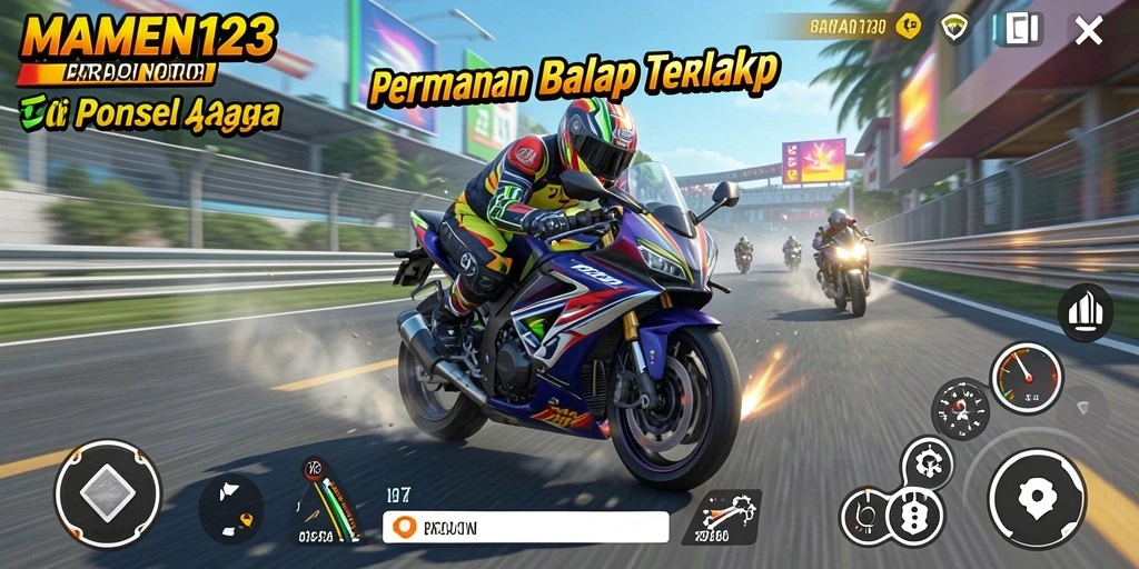 Tampilan gameplay seru dari MAMEN123 menunjukkan aksi balap motor yang mendebarkan.