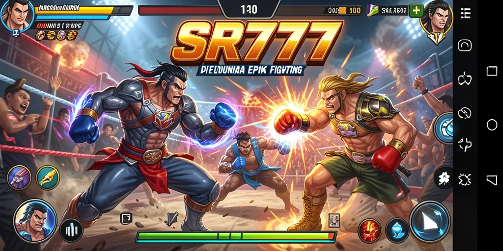 Tampilan gameplay SR777 saat pertarungan intens dengan karakter yang berbeda.